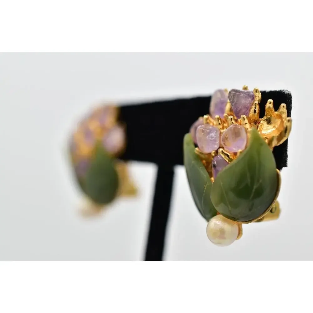 Swoboda Vintage Clip On Earrings Pearl Amethyst Jade Semi-Precious Signed 60s 9L